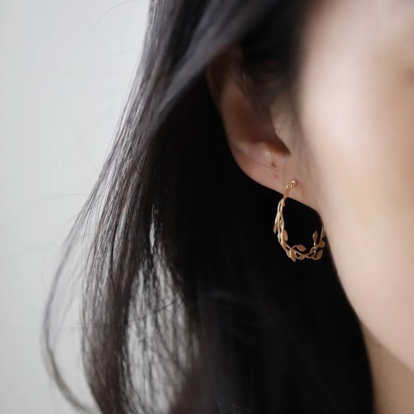Sterling Gold Leaf hoop Earrings - Picture 2 of 5